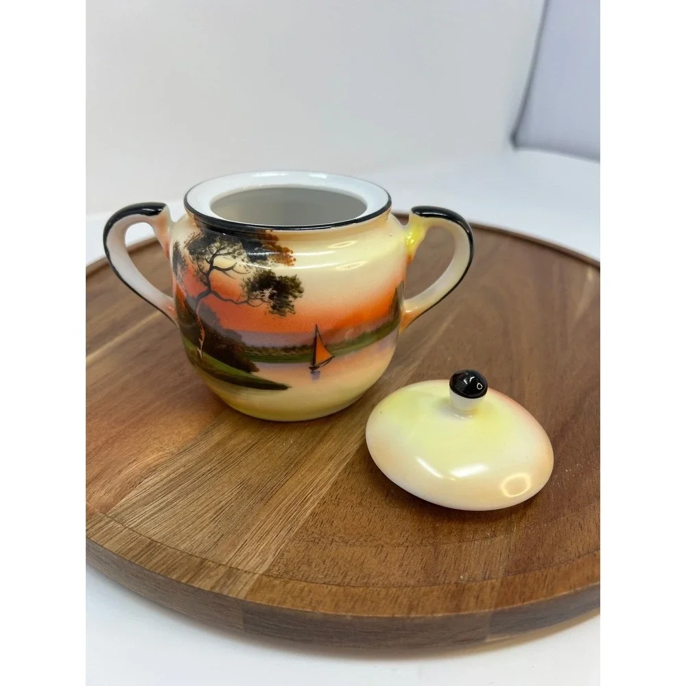 Vintage Hand‎ Painted Sugar Bowl Creamer Set Landscape Scene
